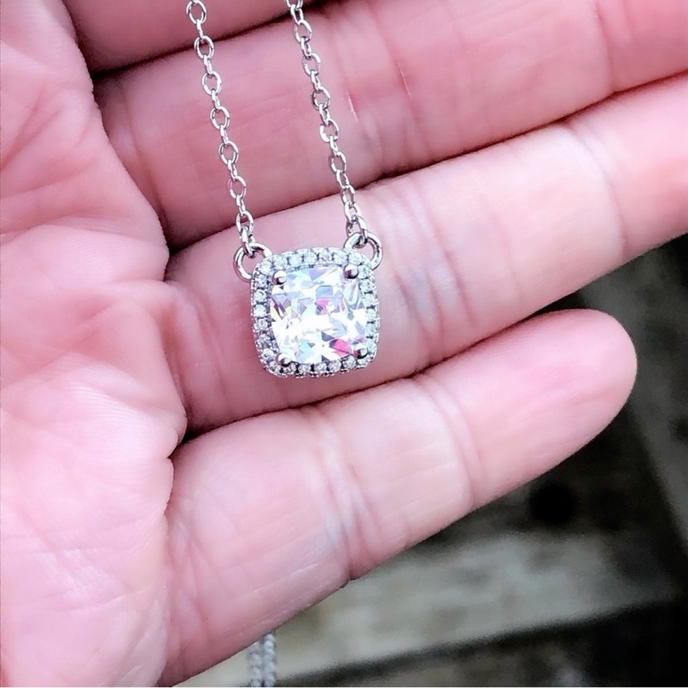 925 Cushion Cut Diamond with Halo Necklace - Picture 4 of 9